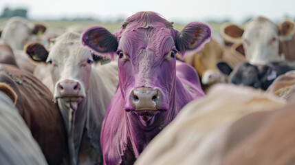 Purple cow standing among other cows in a field, business marketing strategy concept, showcasing a remarkable product that stands out from all others