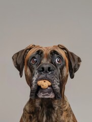 Obraz premium Adorable boxer dog with a surprised expression holding a biscuit in its mouth against a plain background.