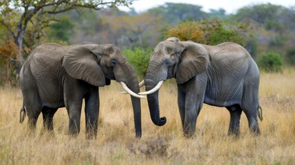 Fototapeta premium Two elephants stand facing each other in the African savannah, displaying their large tusks and thick gray hide, amidst a backdrop of sparse vegetation and open landscape.