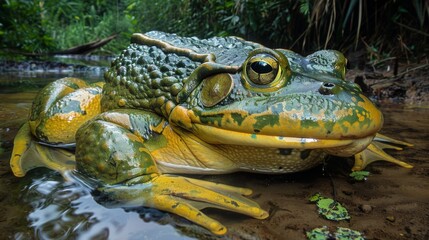 A vivid photograph showing a frog with colorful patterns and bumpy skin, comfortably sitting on the wet ground, capturing its natural beauty in high detail.