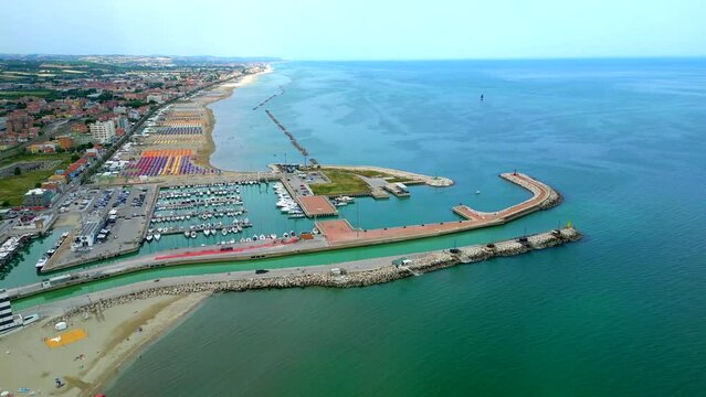 aerial view of the sea beach, port and hotels of Senigallia in the province of Ancona in the Marche region in Italy