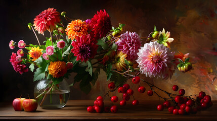 Autumn still life with garden flowers Beautiful autumnal bouquet in vase apples and berries on wooden table Colorful dahlia and chrysanthemum : Generative AI