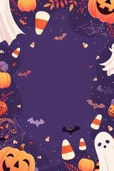 Fototapeta premium A vibrant frame featuring Halloween elements like candy corns, bats, pumpkins, ghosts, and fall leaves, all against a purple background, evoking festive delight.