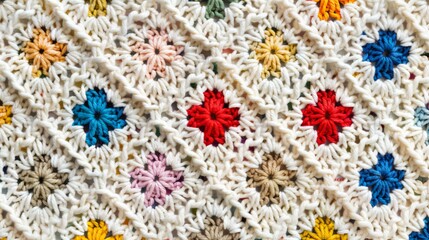 Colorful crochet blanket texture. Close-up image of a colorful crocheted blanket, perfect for backgrounds or showcasing handmade crafts.