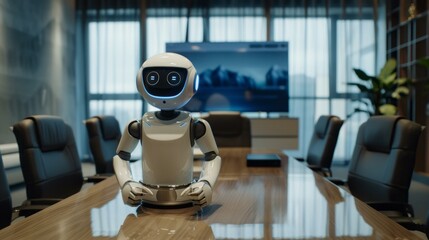 Robot in a modern office conference room. White AI robot sitting at head of empty conference table in modern office, symbolizing future of work and automation.