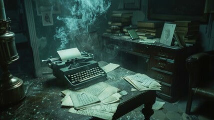 Vintage typewriter in dark and dusty room. Mysterious atmosphere in an old study with a vintage typewriter, piles of paper, and smoke filling the air.