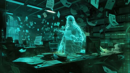 Ghostly writer in the library. A spectral figure hunched over a desk in a cluttered library, illuminated by an eerie green glow, surrounded by floating papers.