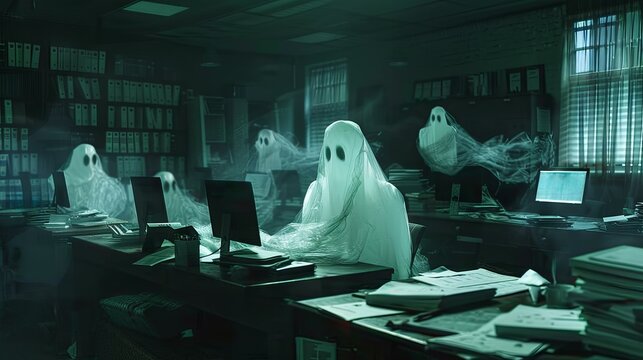 Ghostly overtime. Eerie office scene with ghosts working late, perfect for Halloween or spooky concepts.
