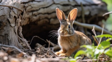 Fototapeta premium A delightful rabbit sitting calmly near a fallen tree within the woods, surrounded by rustic nature, perfectly capturing the essence of woodland serenity and peace.
