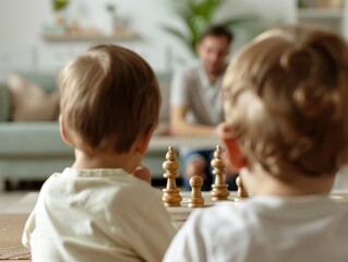 Two young children playing chess while an adult observes them in a cozy living room setting.