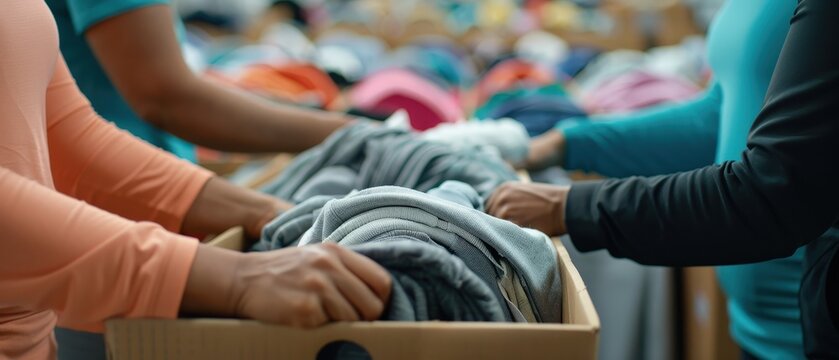 Volunteers organizing donated clothes in a community center, focusing on hands and cardboard boxes filled with various garments.