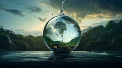 A surreal image of a single tree enclosed within a transparent bubble, floating on calm water, with a scenic background of rolling green hills under a cloudy sky.