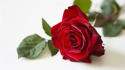 Single red rose. A vibrant red rose with green leaves on a white background.