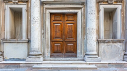 Fototapeta premium Elegant wooden door in old building. Architectural detail of an old building with elegant wooden door, stone frame, and columns