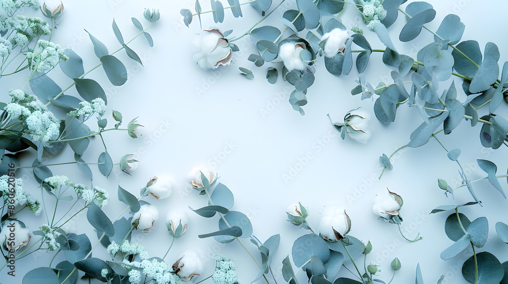 Poster flowers composition frame made of fresh eucalyptus branches and cotton flowers flat lay top view cop
