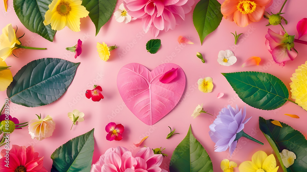 Poster creative layout with colorful flowers leaves and heart shape anniversary conceptflat lay : generativ