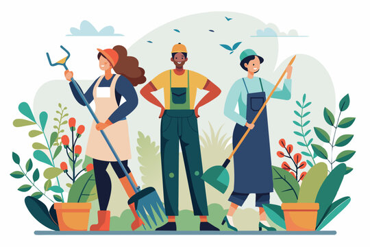gardeners with tools, colorful, flat style clip art preview