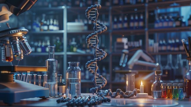 Una cadena de ADN en la mesa de trabajo del laboratorio