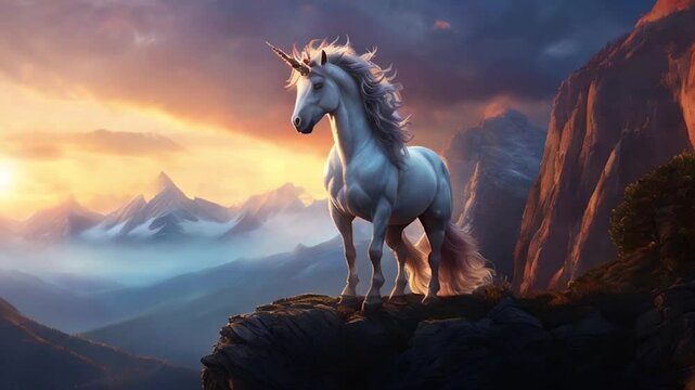 sun sets over the mountains, a regal unicorn stands atop a cliff