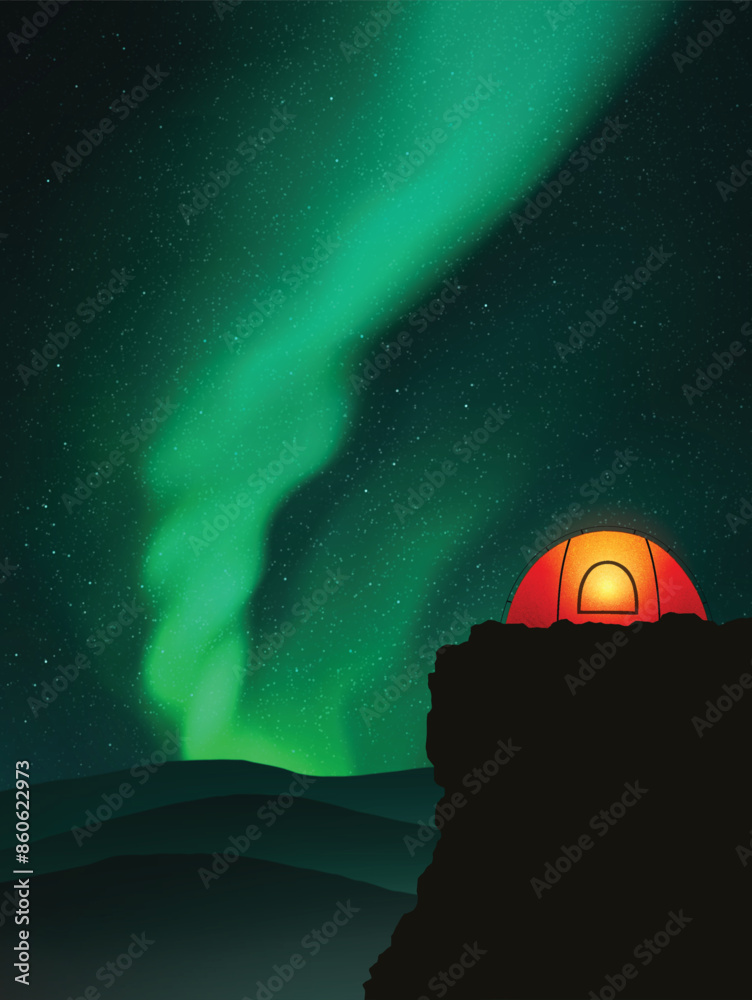 Sticker orange tent on cliff. camping in mountains at night. green polar lights