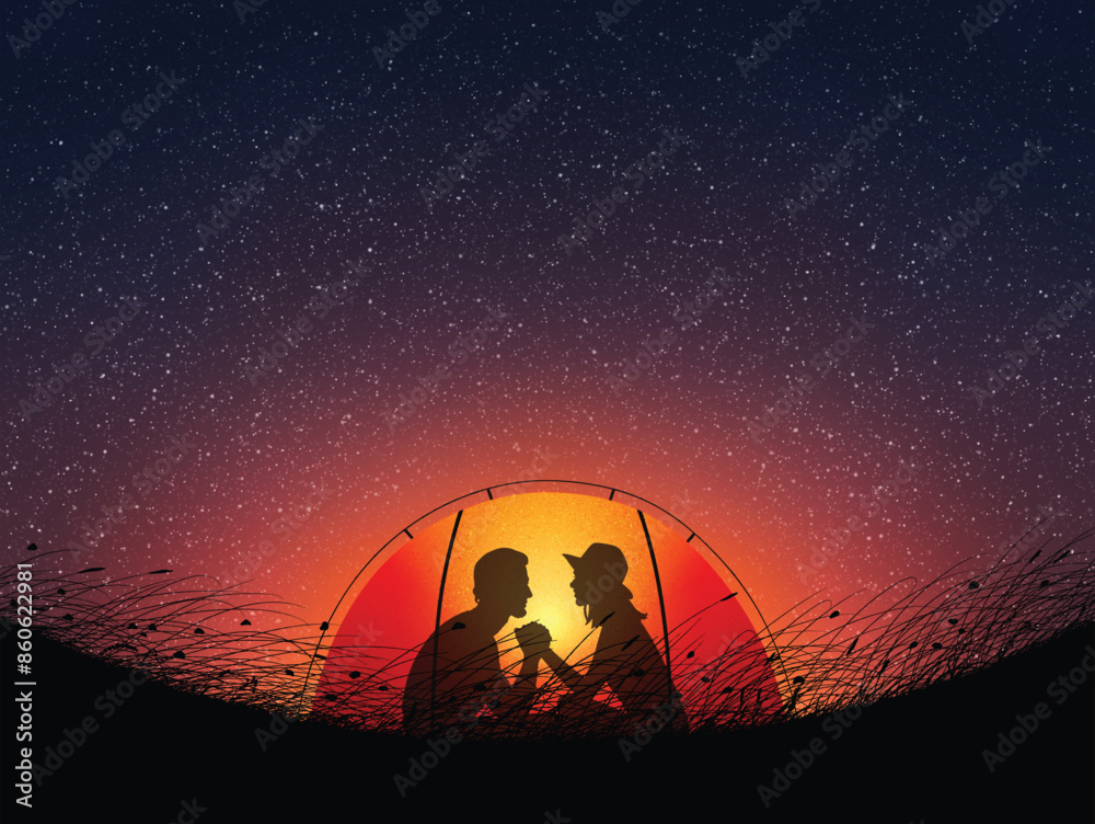 Sticker loving couple in orange tent. camping at night. romantic starry sky