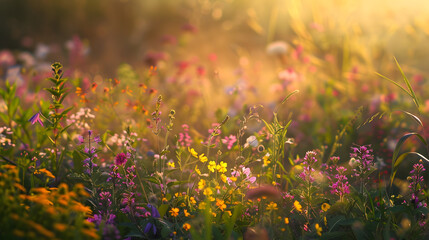 Obraz premium abundance of blooming wild flowers on the meadow at spring time : Generative AI