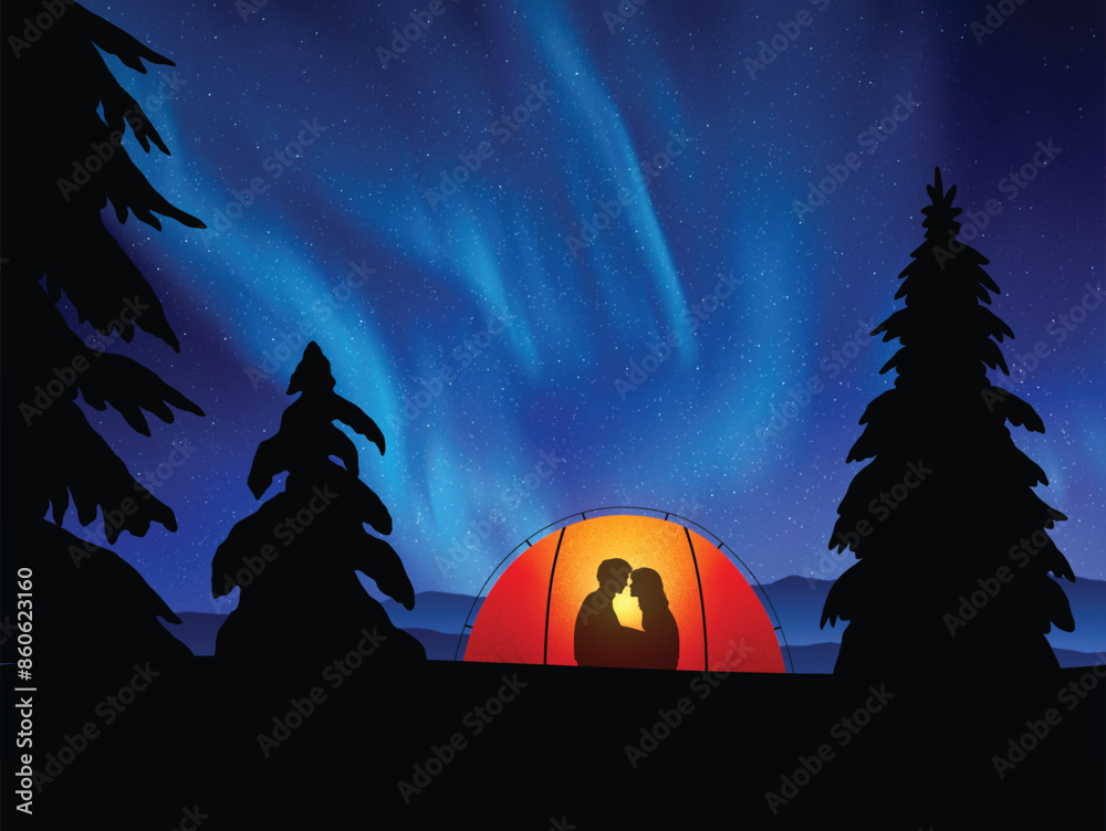 Canvas Prints couple sit in orange tent. winter camping on snow. blue polar lights