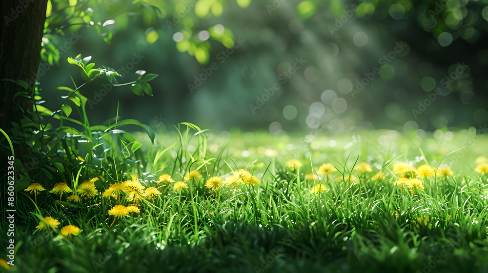 Aufkleber Beautiful wide format image of a pristine forest lawn with fresh grass and yellow dandelions against a defocused background : Generative AI