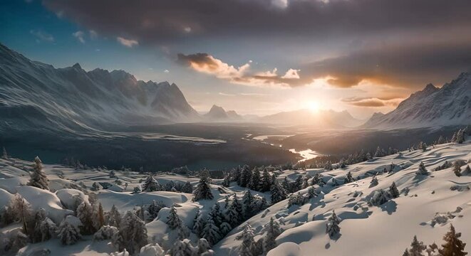 Timelapse of stunning winter landscape with snow, moutains and forest