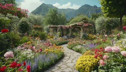 Obraz premium A beautifully landscaped garden with a stone path winding through vibrant flower beds and arches covered in blossoms