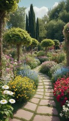 Naklejka premium A stunning garden scene with a variety of flowers and plants, framed by towering mountains and a clear blue sky