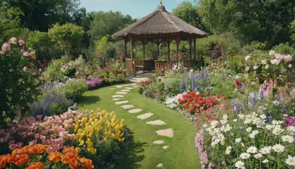 A picturesque garden path surrounded by vibrant flowers and lush greenery, set against a backdrop of majestic mountains.