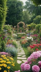 Obraz premium A colorful garden in full bloom, featuring a stone pathway leading through arches adorned with climbing roses