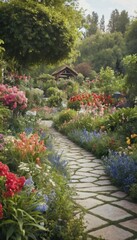 Obraz premium A stunning garden scene with a variety of flowers and plants, framed by towering mountains and a clear blue sky