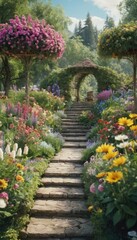 Fototapeta premium A colorful garden in full bloom, featuring a stone pathway leading through arches adorned with climbing roses