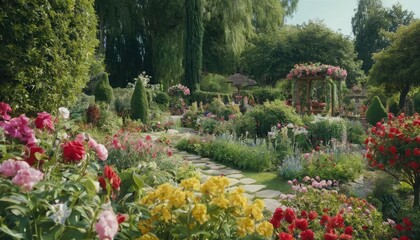Obraz premium A picturesque garden path surrounded by vibrant flowers and lush greenery, set against a backdrop of majestic mountains.