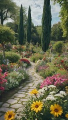 A colorful garden in full bloom, featuring a stone pathway leading through arches adorned with climbing roses