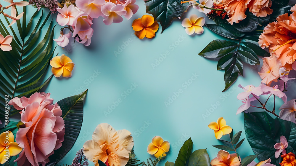 Poster creative layout with colorful flowers leaves and copy space card note nature concept flat lay : gene