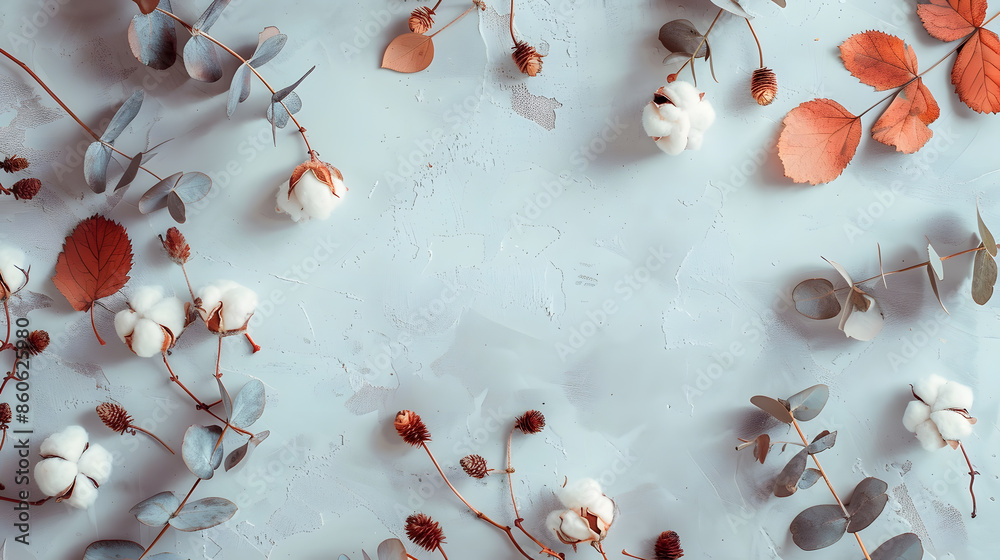 Poster autumn composition frame made of eucalyptus branches cotton flowers dried leaves on pastel gray back
