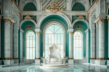 Obraz premium A beautifully decorated throne hall featuring a white throne, surrounded by emerald green and gold accents. The hall's high ceilings and grand chandeliers add to the sense of majesty and splendor.