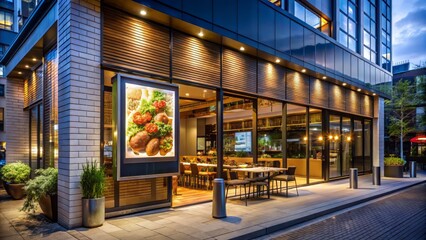 Modern urban eatery exterior at night with large LED display screen installed above entrance door showcasing menu offerings vibrantly.