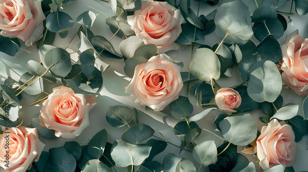 Poster flowers composition made of rose flowers and eucalyptus branches mock up with flowers flat lay top v