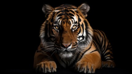 A fierce tiger focuses intently on the camera lens, poised and ready against a stark black backdrop, emphasizing its powerful presence and striking gaze.