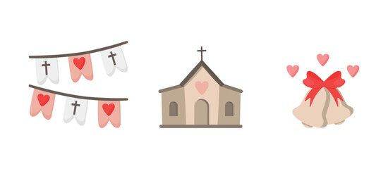 Church for the wedding ceremony, Bells with hearts, Flags on the wedding party