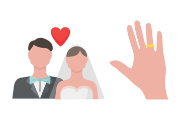 Newlyweds with heart, hand with engagement ring
