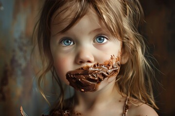 Naklejka premium Joyful young girl messily indulging in chocolate, delightfully savoring the sweet treat