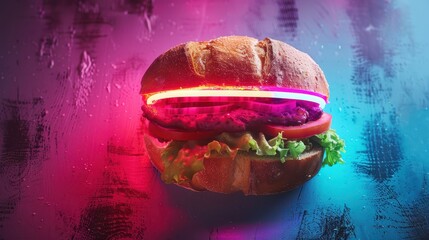 A burger illuminated by vibrant neon lights, creating a futuristic and trendy look. Ideal for modern food blogs, adverts, or creative culinary projects.