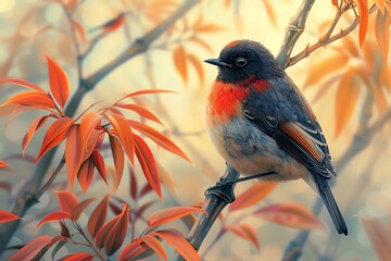 Bamboo with birds, warm hues, flat design, harmonious scene