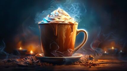 Hot chocolate, steaming mug, whipped cream topping, cozy, comforting