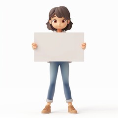 3D Cartoon A Young Woman Holding a Blank Placard in Her Hand.